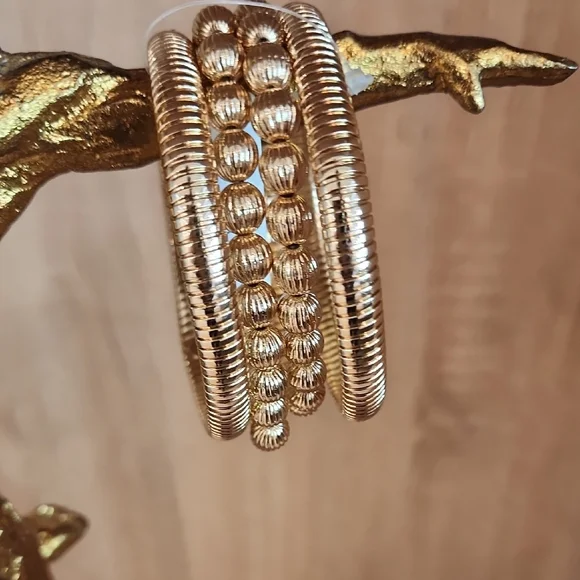 Women's Textured Beaded Gold Ribbed Stretch Water-Resistant Bracelets Set of 4 - Picture 3 of 6